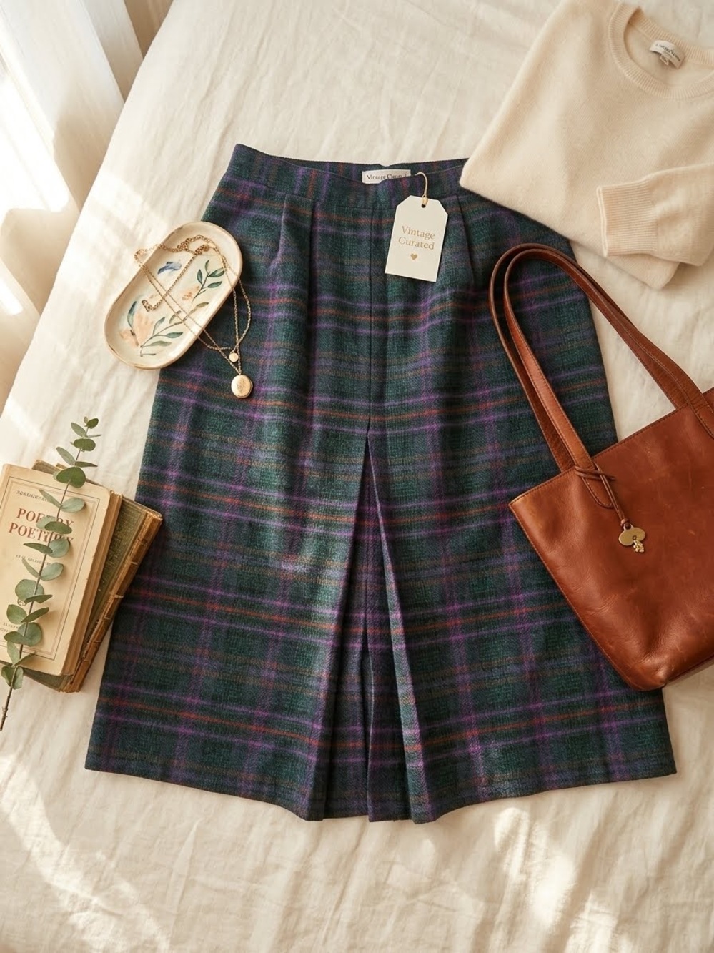 Plaid Wool Midi Skirt - Green & Purple